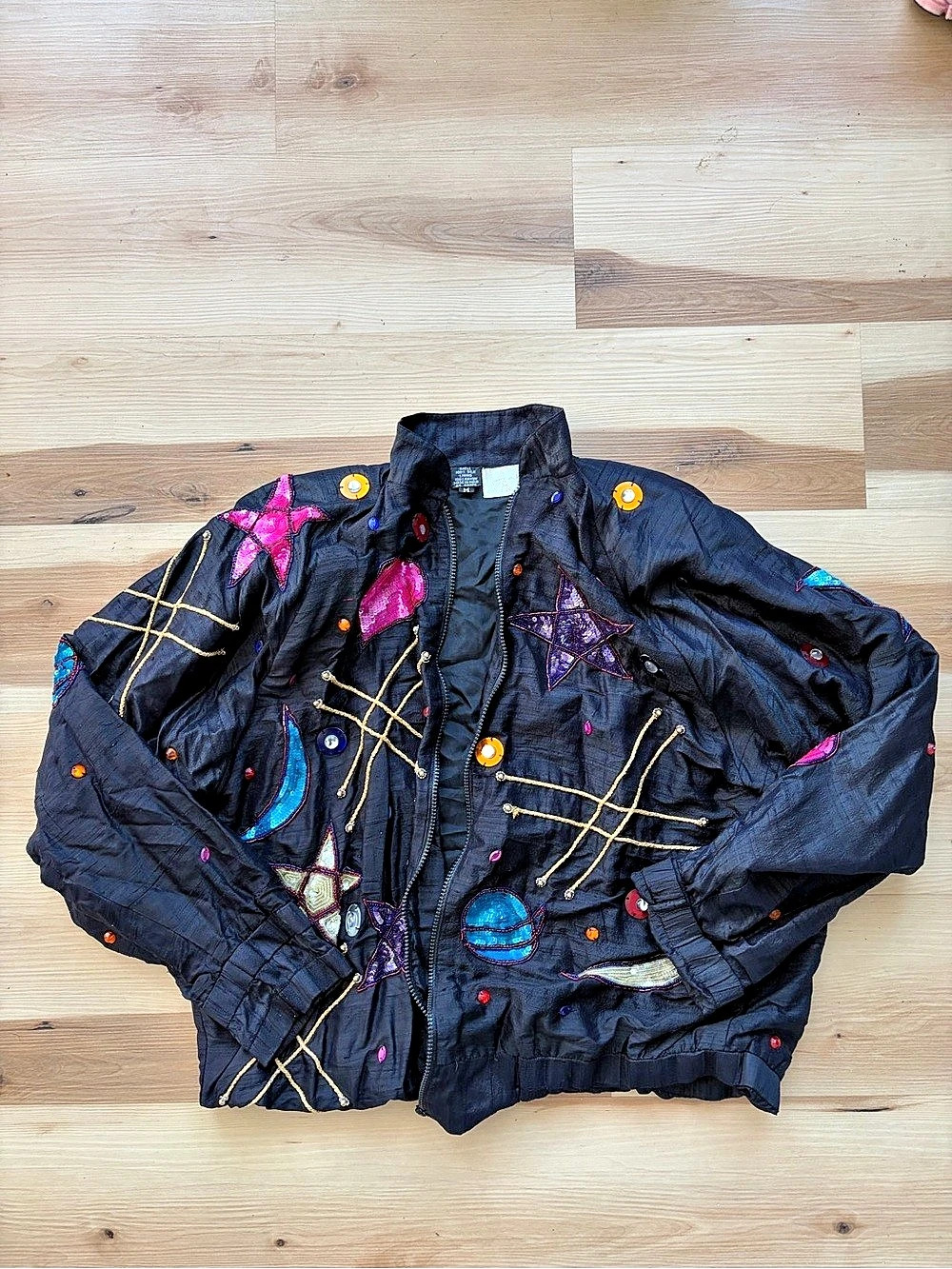Cache Embellished Black & Pink Bomber Jacket Size Medium